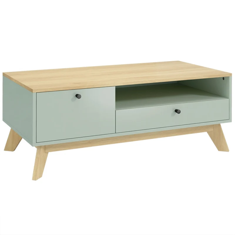 Mesa de Centro para Sala Mesa Lateral Retangular com Gaveta Porta e Compartimento Aberto Verde Claro e Carvalho