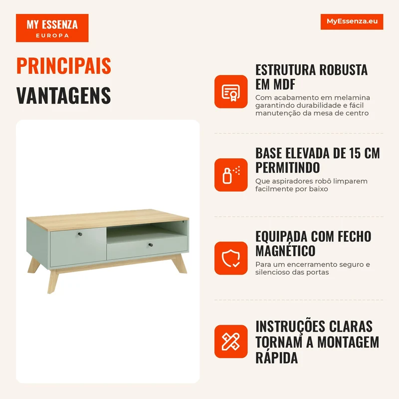 Mesa de Centro para Sala Mesa Lateral Retangular com Gaveta Porta e Compartimento Aberto Verde Claro e Carvalho