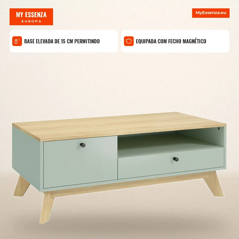 Mesa de Centro para Sala Mesa Lateral Retangular com Gaveta Porta e Compartimento Aberto Verde Claro e Carvalho