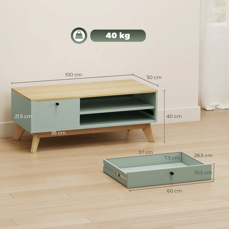 Mesa de Centro para Sala Mesa Lateral Retangular com Gaveta Porta e Compartimento Aberto Verde Claro e Carvalho