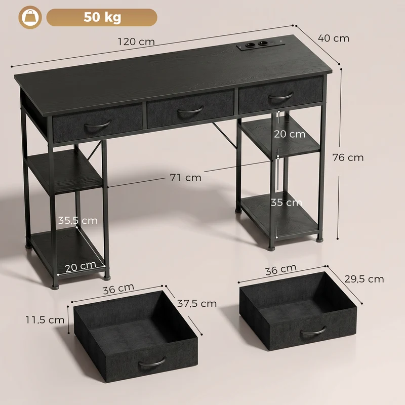 Secretária com Arrumação com Tomadas 3 Gavetas de Tecido e 4 Prateleiras de Arrumação 120x40x76 cm Preto