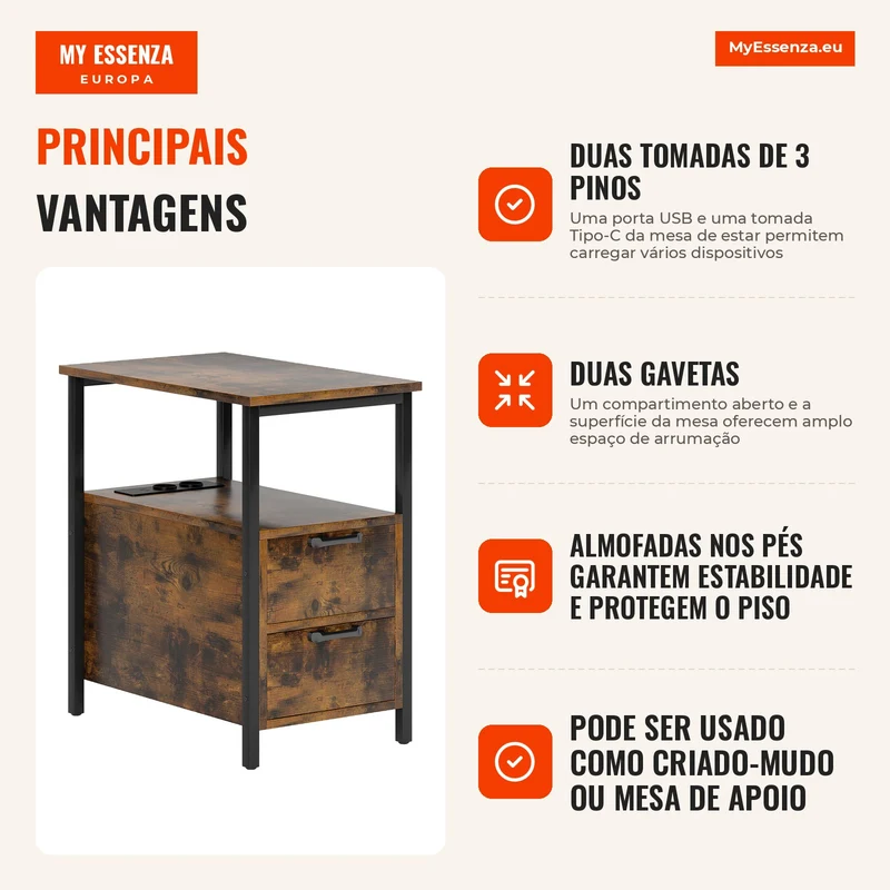 Mesa de apoio com estação de carregamento, portas USB, tomadas, 2 gavetas e prateleira para sala de estar, quarto