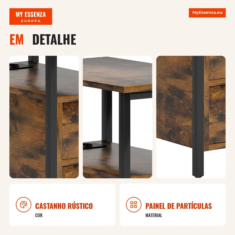 Mesa de apoio com estação de carregamento, portas USB, tomadas, 2 gavetas e prateleira para sala de estar, quarto