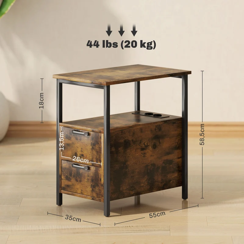 Mesa de apoio com estação de carregamento, portas USB, tomadas, 2 gavetas e prateleira para sala de estar, quarto