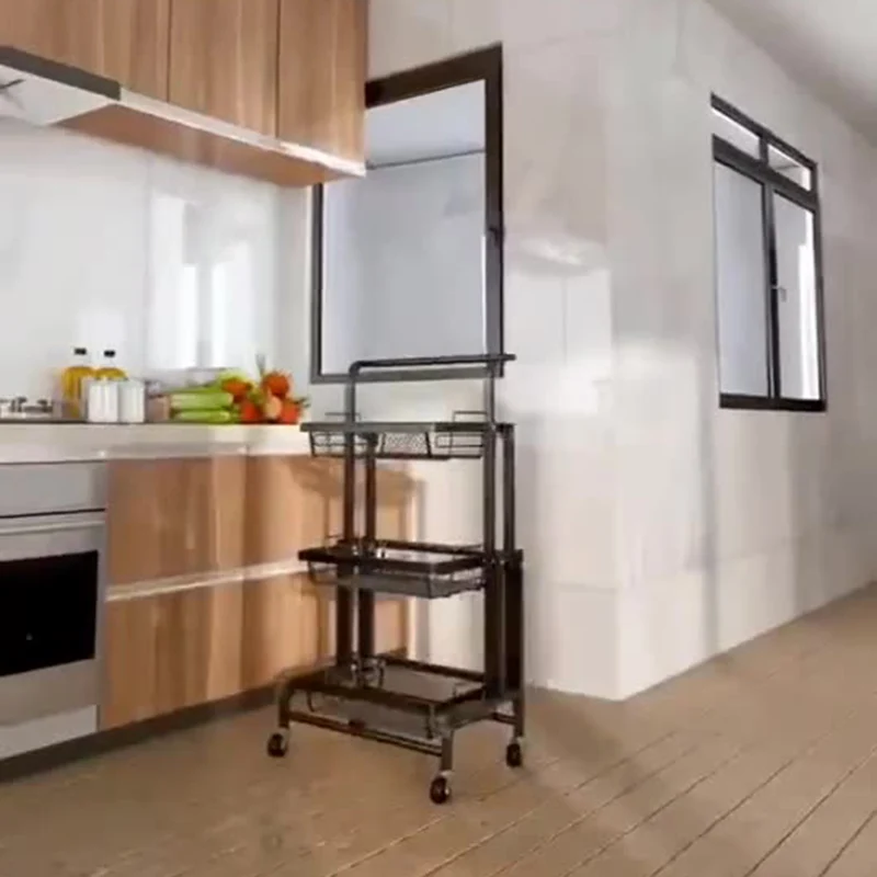 Modern Minimalist Carbon Steel Open Square Rolling Storage Shelf 3-Tier For Living Room