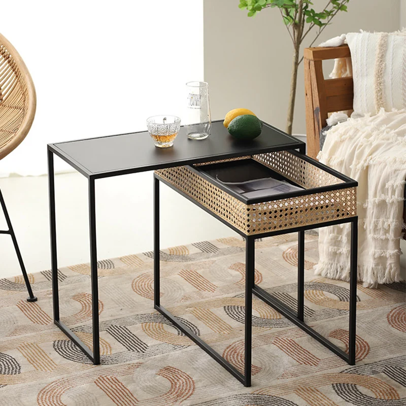 Modern Minimalist Rectangular Iron Desk: Natural Indonesian Rattan & Handwoven - 1 Storage Cabinet Side Table For Living Room