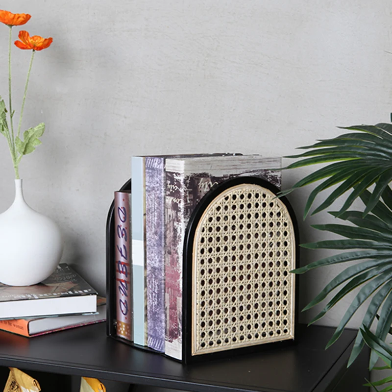 Traditional Vintage Half-Round Iron Bookshelf: Natural Indonesian Rattan & Handwoven - Desk Storage Shelf For Study & Bedroom