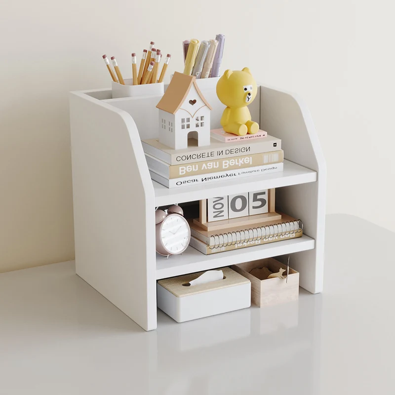 Contemporary Scandinavian Rectangular Medium-Density Fiberboard Desktop Storage Shelf 2/3-Tier 1-Drawer For Office & Bedroom