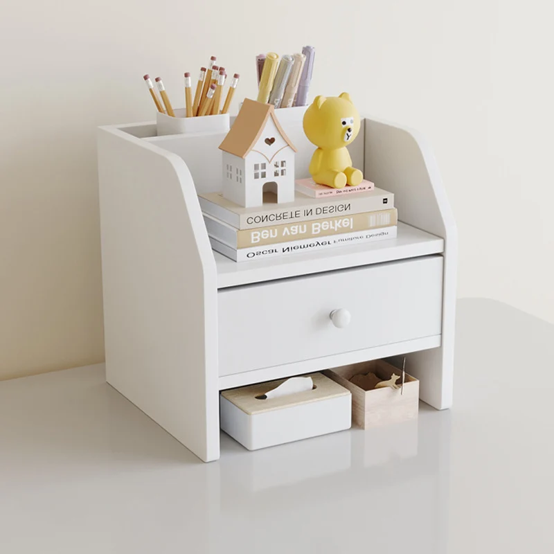 Contemporary Scandinavian Rectangular Medium-Density Fiberboard Desktop Storage Shelf 2/3-Tier 1-Drawer For Office & Bedroom