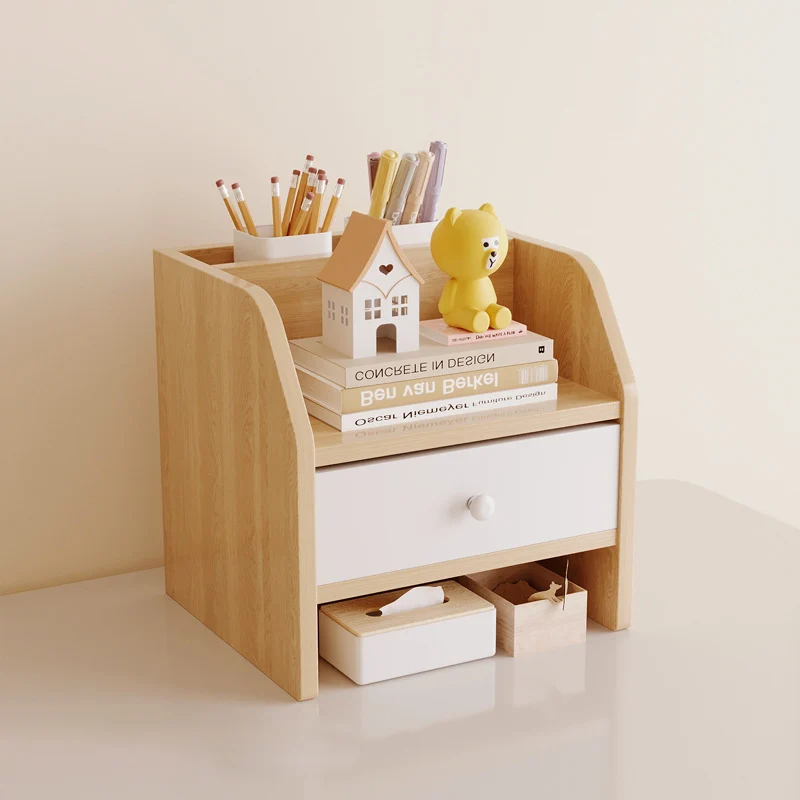 Contemporary Scandinavian Rectangular Medium-Density Fiberboard Desktop Storage Shelf 2/3-Tier 1-Drawer For Office & Bedroom