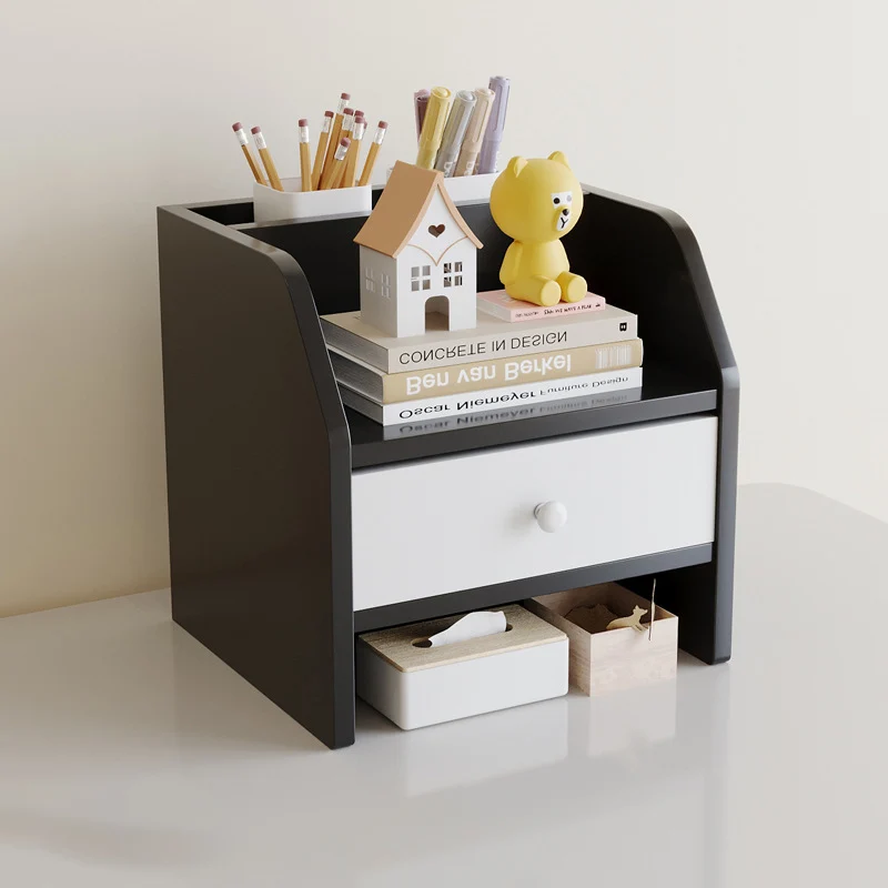 Contemporary Scandinavian Rectangular Medium-Density Fiberboard Desktop Storage Shelf 2/3-Tier 1-Drawer For Office & Bedroom