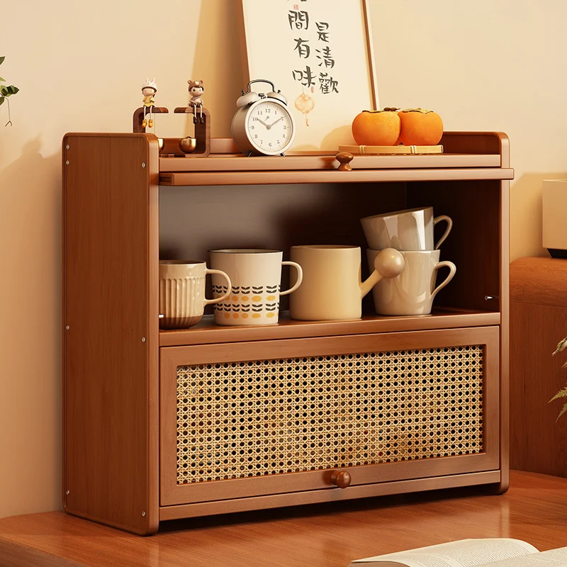 Contemporary Scandinavian Rectangular Nan Bamboo Medium-Density Fiberboard Acrylic PE Rattan Desktop Storage Shelf 2/3-Tier For Bedroom