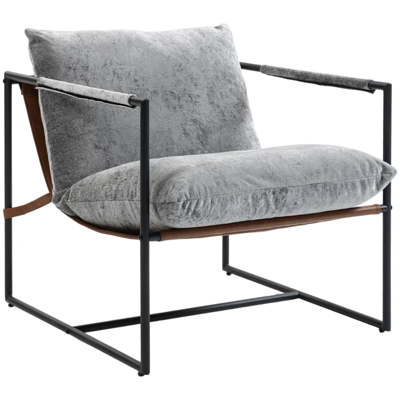 Poltrona de sala, poltrona de apoio estofada em veludo estampado, assento largo e estrutura em aço, 77x91x80cm, cinzento