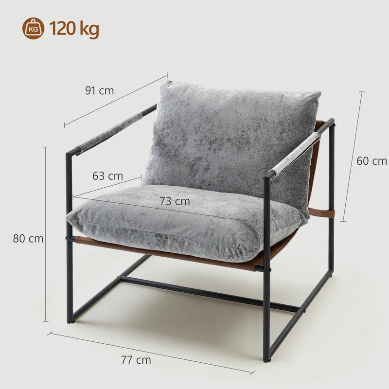 Poltrona de sala, poltrona de apoio estofada em veludo estampado, assento largo e estrutura em aço, 77x91x80cm, cinzento