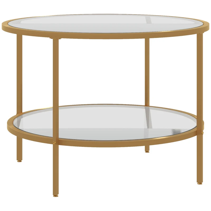Mesa lateral, design moderno, 2 níveis, Ø60x43H cm, tom dourado