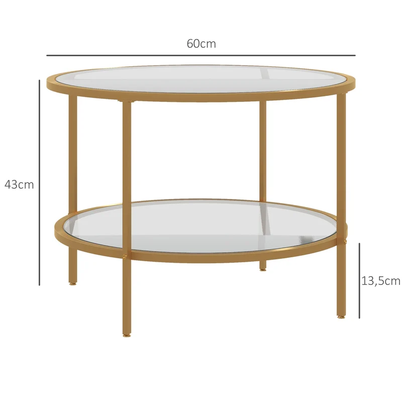 Mesa lateral, design moderno, 2 níveis, Ø60x43H cm, tom dourado