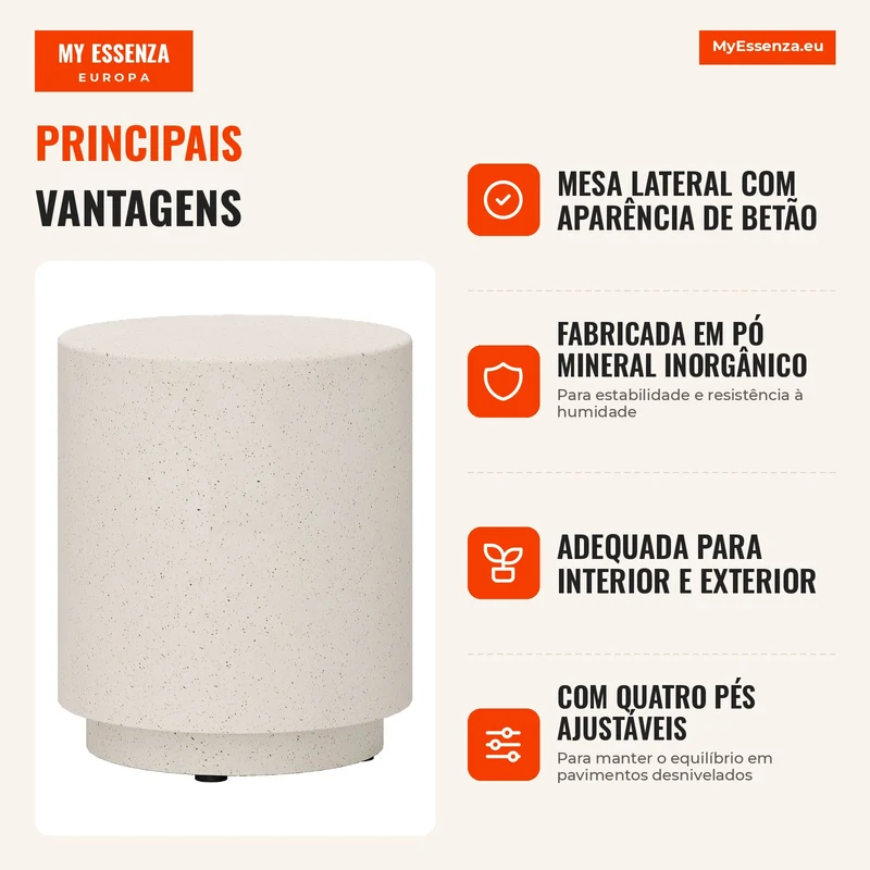 Mesa Lateral com Aparência de Betão 37 cm x 37 cm x 43 cm Pó mineral inorgânico Cinzento