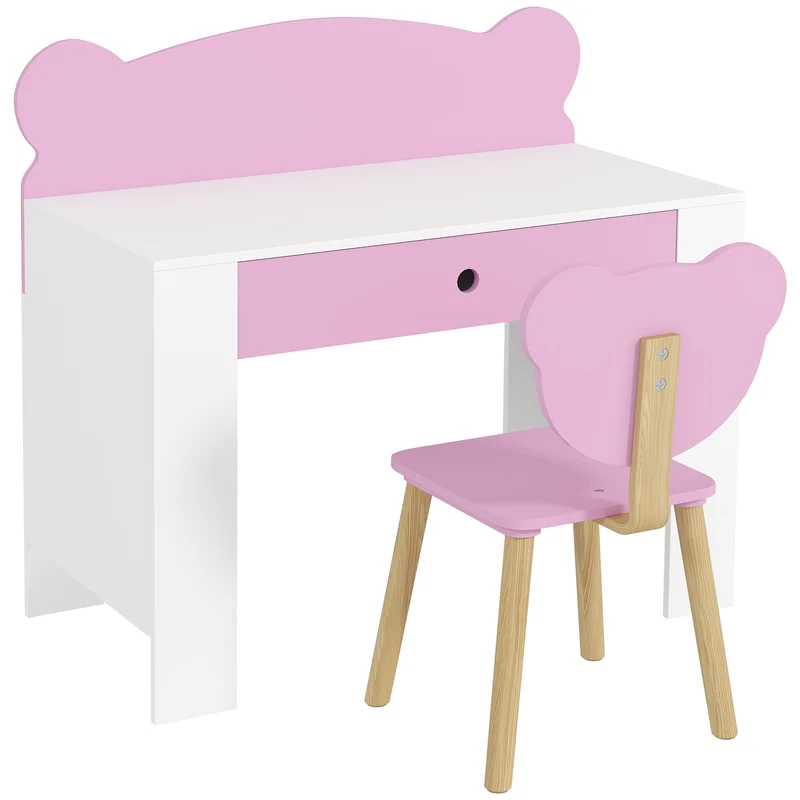 Secretária para Crianças com Cadeira em Forma de Ursinho Secretária Infantil com Gaveta para Estudar Ler e Desenhar Branco e Rosa