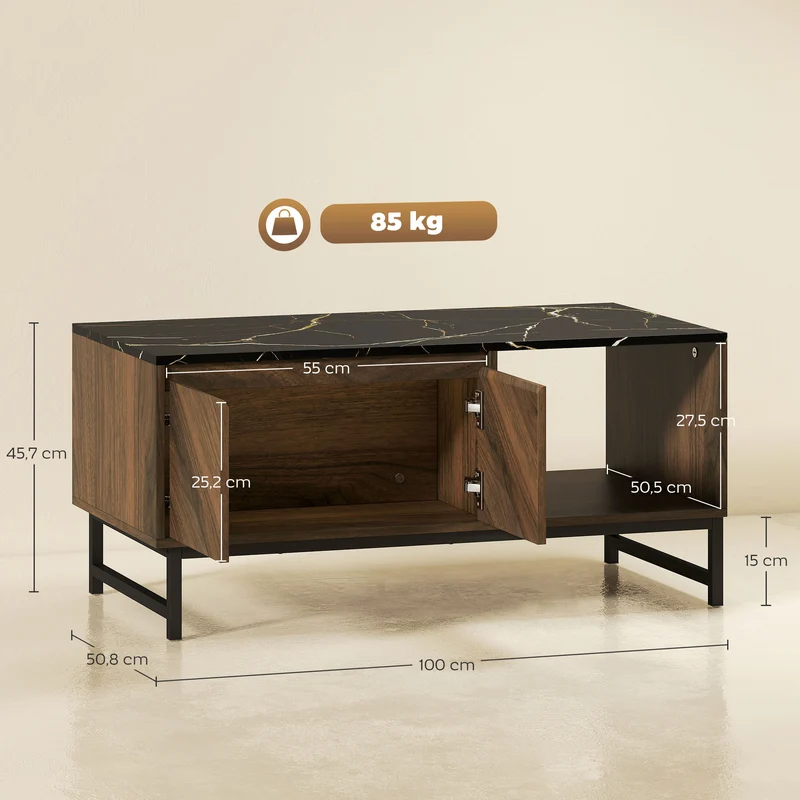 Mesa de Centro com Tampo Efeito Mármore e 2 Casas 100x50,8x45,7 cm Cor Nogueira