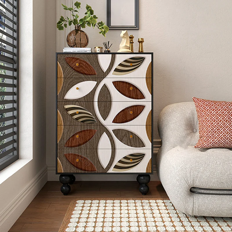 Contemporary Creative Solid Wood Artistic Storage Cabinet With Carved Drawer Fronts, 5-Drawer For Living Room