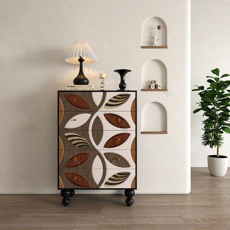 Contemporary Creative Solid Wood Artistic Storage Cabinet With Carved Drawer Fronts, 5-Drawer For Living Room