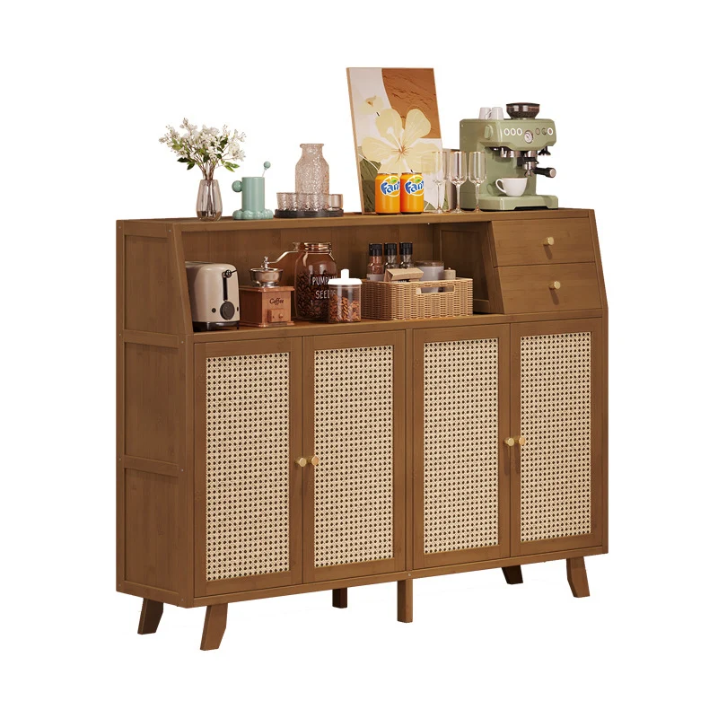 Traditional Japanese Nan Bamboo MDF Rectangular Storage Cabinet 3-Tier For Living Room