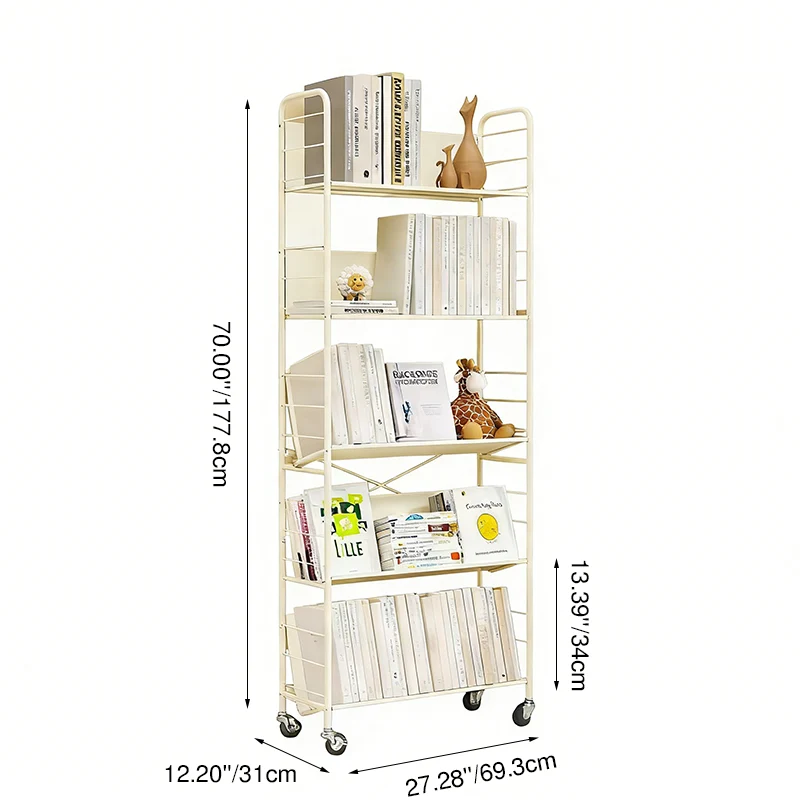Contemporary Industrial Rectangular Carbon Steel Movable Space-Saving Bookshelf 2/3/4/5-Tier For Study