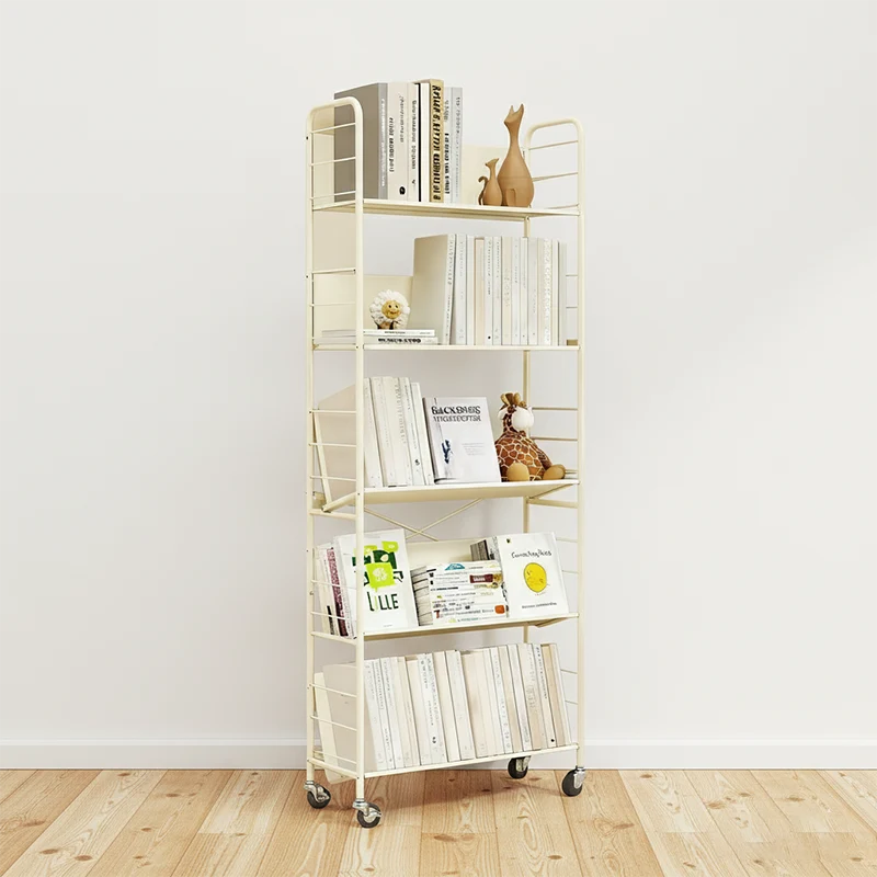 Contemporary Industrial Rectangular Carbon Steel Movable Space-Saving Bookshelf 2/3/4/5-Tier For Study