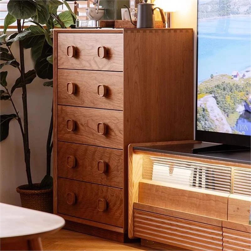 Traditional Rustic Cherry Wood Pine Solid Wood Multilayer Board Rectangular Large Capacity Storage Cabinet 5-Drawers For Living Room