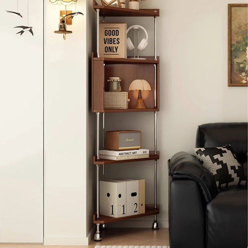 Contemporary Retro Plywood & Stainless Steel Triangular Corner Shelf Unit With 4/5-Tier Open Storage For Living Room & Bedroom