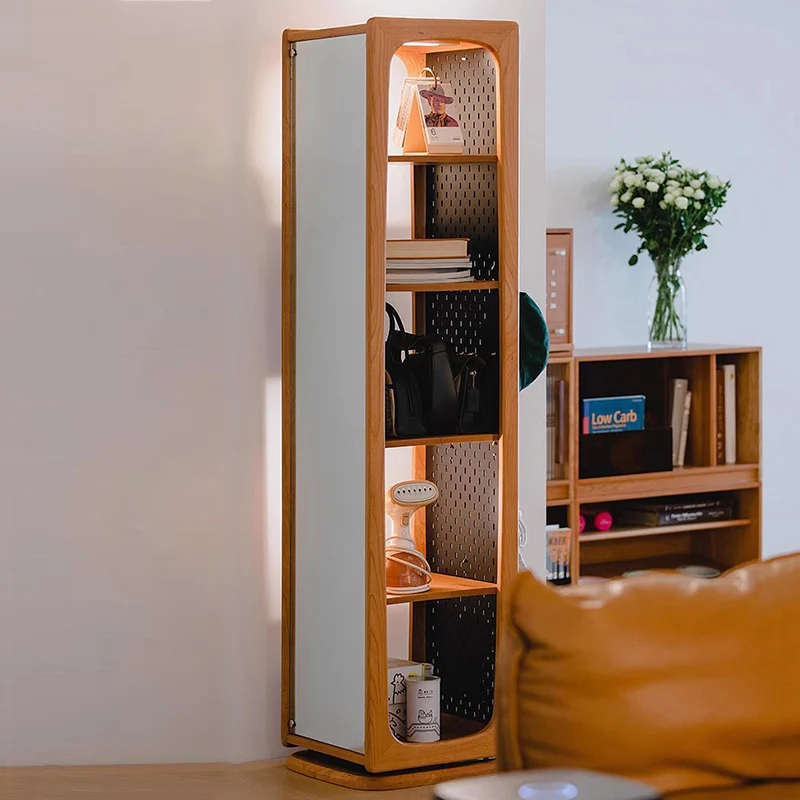 Contemporary Nordic Cherry Wood Aluminum Plywood Square Display Rack 5-Tier Swivel Full-Length Mirror Side Pegboard Storage For Living Room