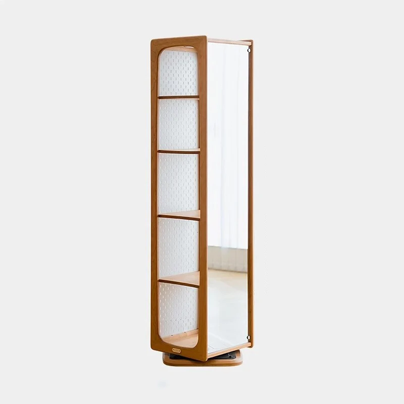 Contemporary Nordic Cherry Wood Aluminum Plywood Square Display Rack 5-Tier Swivel Full-Length Mirror Side Pegboard Storage For Living Room