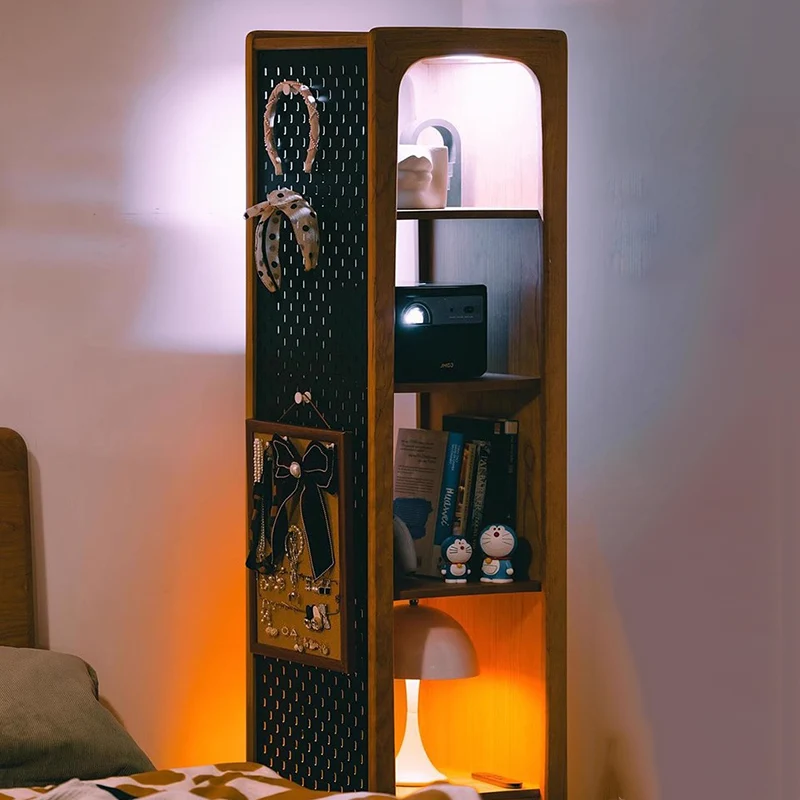 Contemporary Nordic Cherry Wood Aluminum Plywood Square Display Rack 5-Tier Swivel Full-Length Mirror Side Pegboard Storage For Living Room