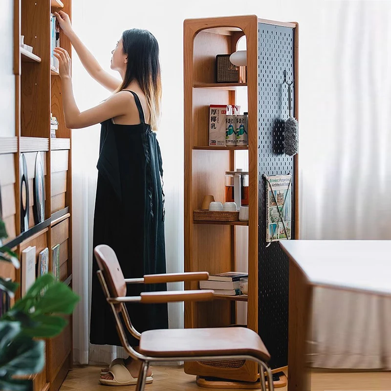 Contemporary Nordic Cherry Wood Aluminum Plywood Square Display Rack 5-Tier Swivel Full-Length Mirror Side Pegboard Storage For Living Room