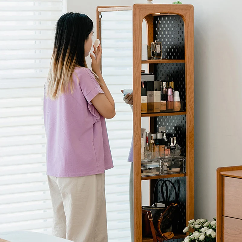 Contemporary Nordic Cherry Wood Aluminum Plywood Square Display Rack 5-Tier Swivel Full-Length Mirror Side Pegboard Storage For Living Room