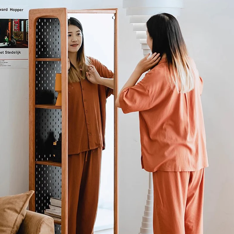 Contemporary Nordic Cherry Wood Aluminum Plywood Square Display Rack 5-Tier Swivel Full-Length Mirror Side Pegboard Storage For Living Room