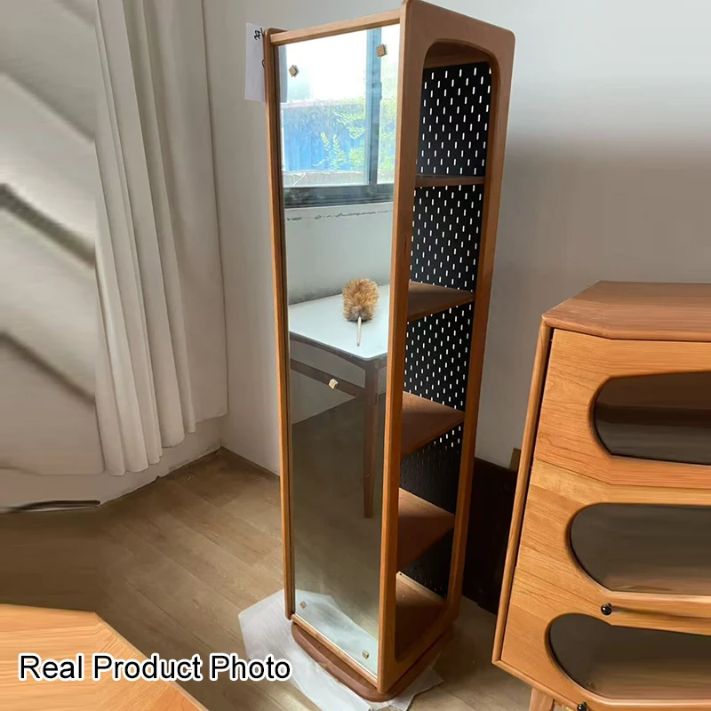 Contemporary Nordic Cherry Wood Aluminum Plywood Square Display Rack 5-Tier Swivel Full-Length Mirror Side Pegboard Storage For Living Room