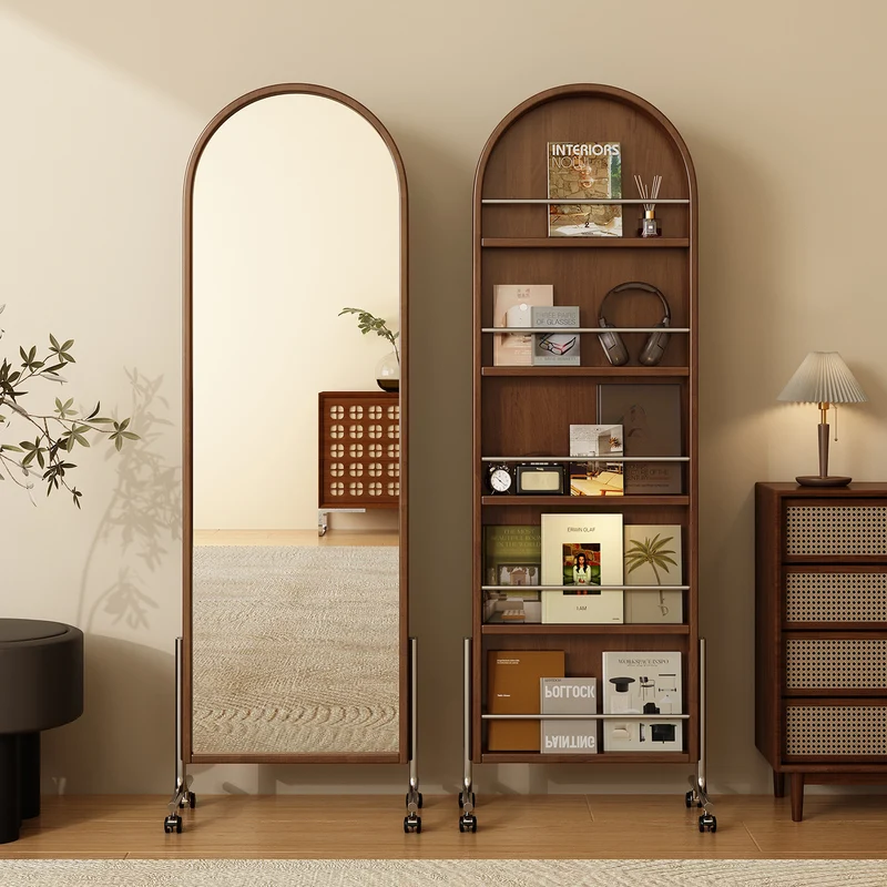 Modern Mid-Century Rubberwood Plywood Stainless Steel Ellipse Bookshelf 360° Rotating Full-Length Mirror For Living Room