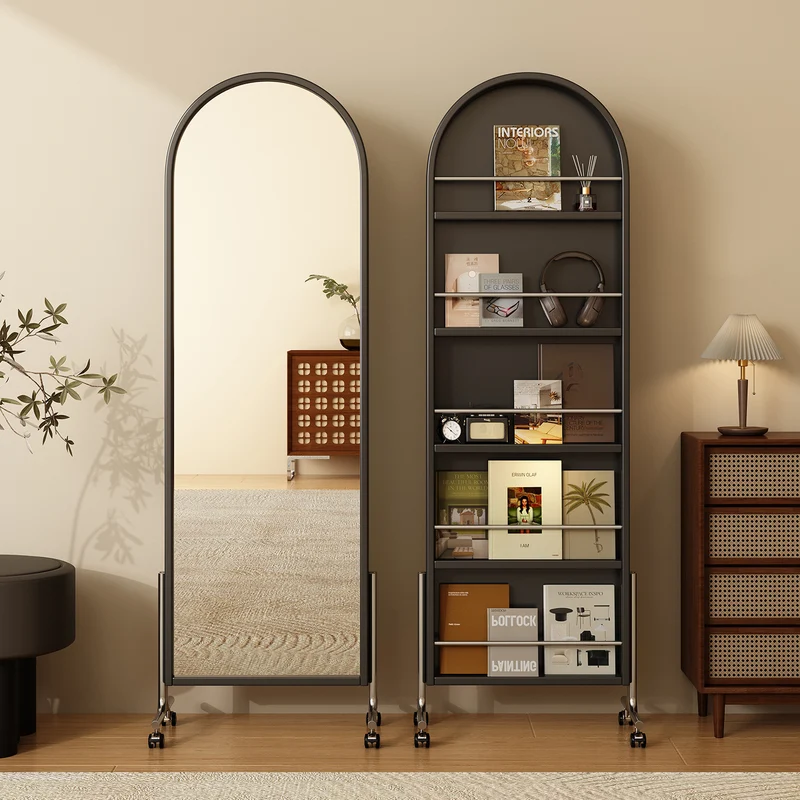 Modern Mid-Century Rubberwood Plywood Stainless Steel Ellipse Bookshelf 360° Rotating Full-Length Mirror For Living Room