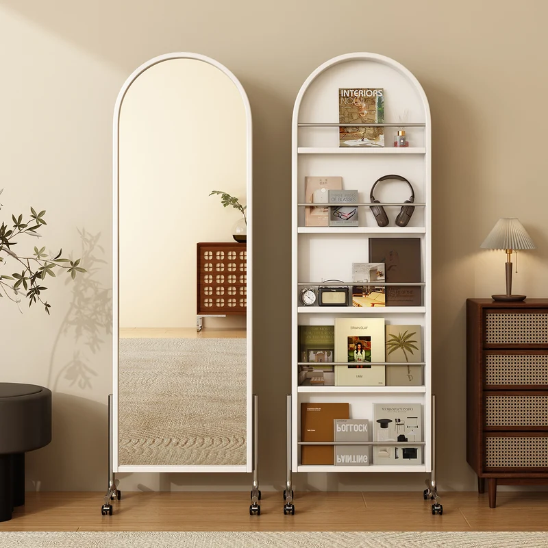 Modern Mid-Century Rubberwood Plywood Stainless Steel Ellipse Bookshelf 360° Rotating Full-Length Mirror For Living Room