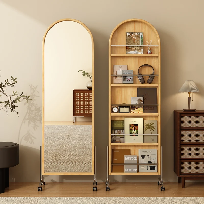 Modern Mid-Century Rubberwood Plywood Stainless Steel Ellipse Bookshelf 360° Rotating Full-Length Mirror For Living Room