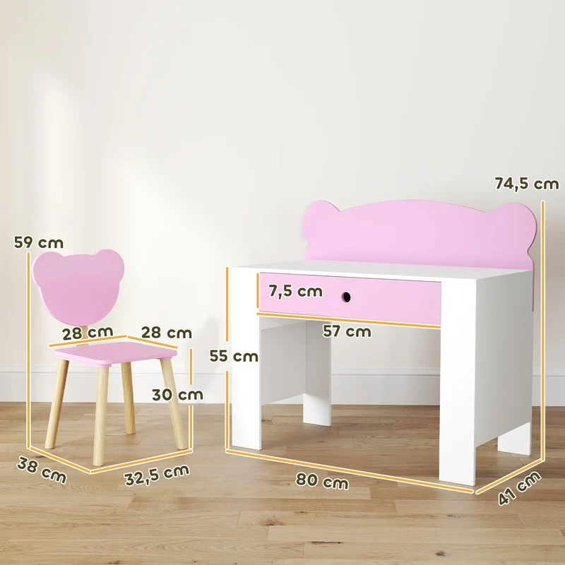 Conjunto de secretária para crianças, mesa de trabalho e cadeira com forma de urso, gaveta, para escrever e fazer trabalhos manuais, 3-8 anos, Rosa