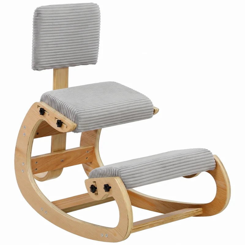 Cadeira de Joelhos Ergonômica com Encosto Assento Ajoelhado Basculante Estofado em Veludo Cotelê Cinza Claro