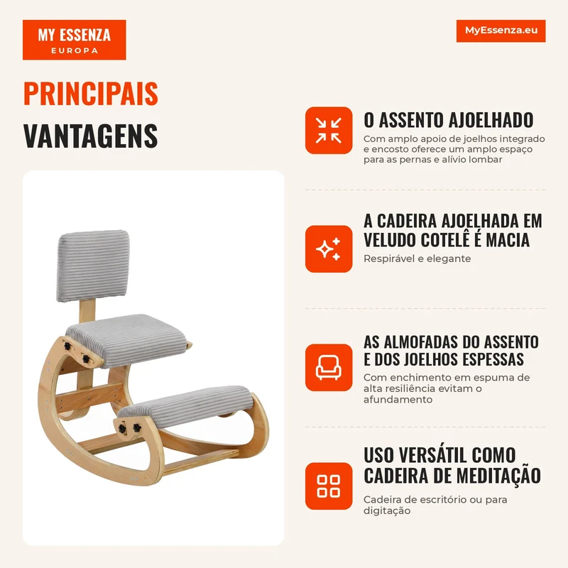 Cadeira de Joelhos Ergonômica com Encosto Assento Ajoelhado Basculante Estofado em Veludo Cotelê Cinza Claro