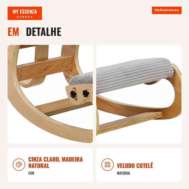 Cadeira de Joelhos Ergonômica com Encosto Assento Ajoelhado Basculante Estofado em Veludo Cotelê Cinza Claro