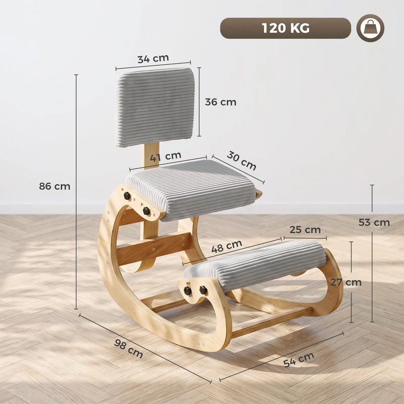 Cadeira de Joelhos Ergonômica com Encosto Assento Ajoelhado Basculante Estofado em Veludo Cotelê Cinza Claro