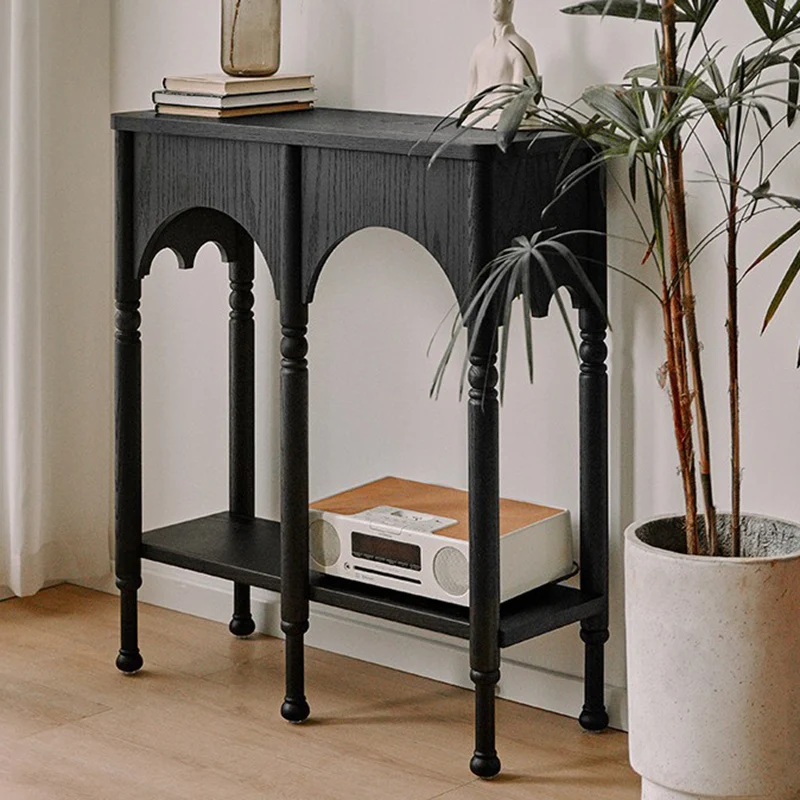 Traditional French Solid Ash Wood Rectangular Console Table With 2-Tier Storage For Entryway & Living Room