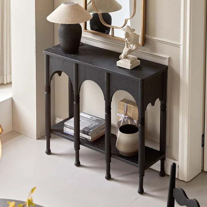 Traditional French Solid Ash Wood Rectangular Console Table With 2-Tier Storage For Entryway & Living Room