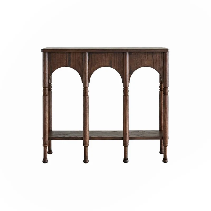 Traditional French Solid Ash Wood Rectangular Console Table With 2-Tier Storage For Entryway & Living Room