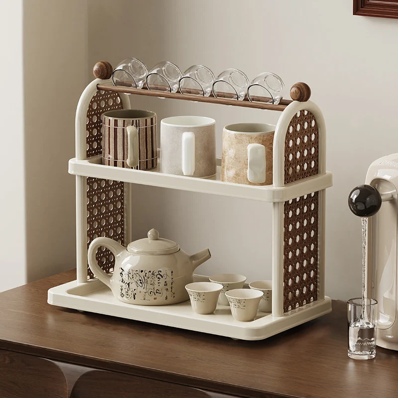Modern Art Deco Arched Rectangular PP Plastic Wood Dismountable Cup Storage Shelf 2-Tier For Living Room